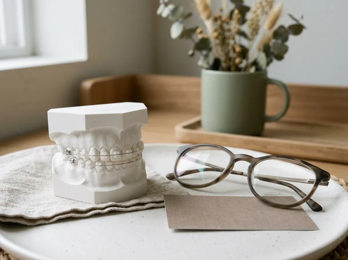 Adult orthodontic planning items with braces materials on a calm warm wood desk.