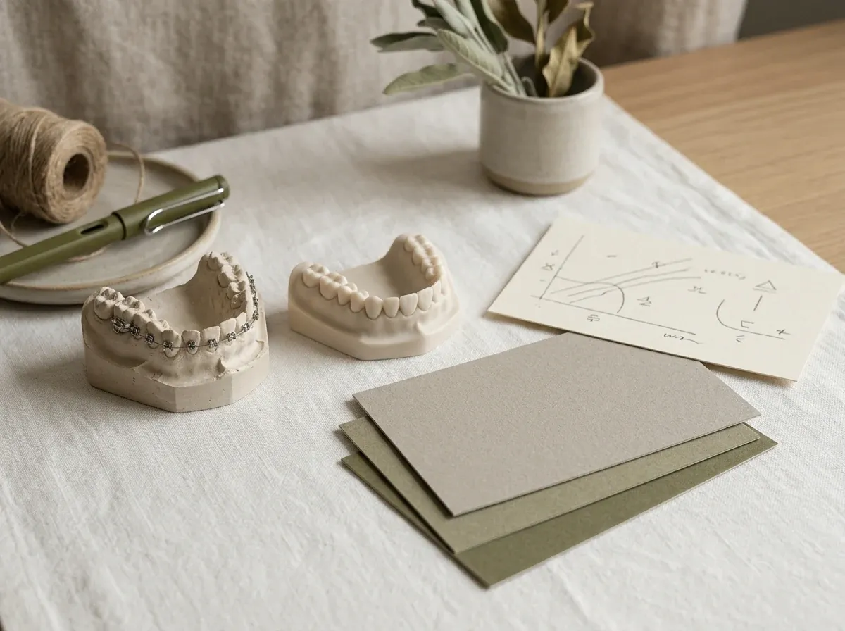 Orthodontic retreatment planning materials arranged in warm neutral light.