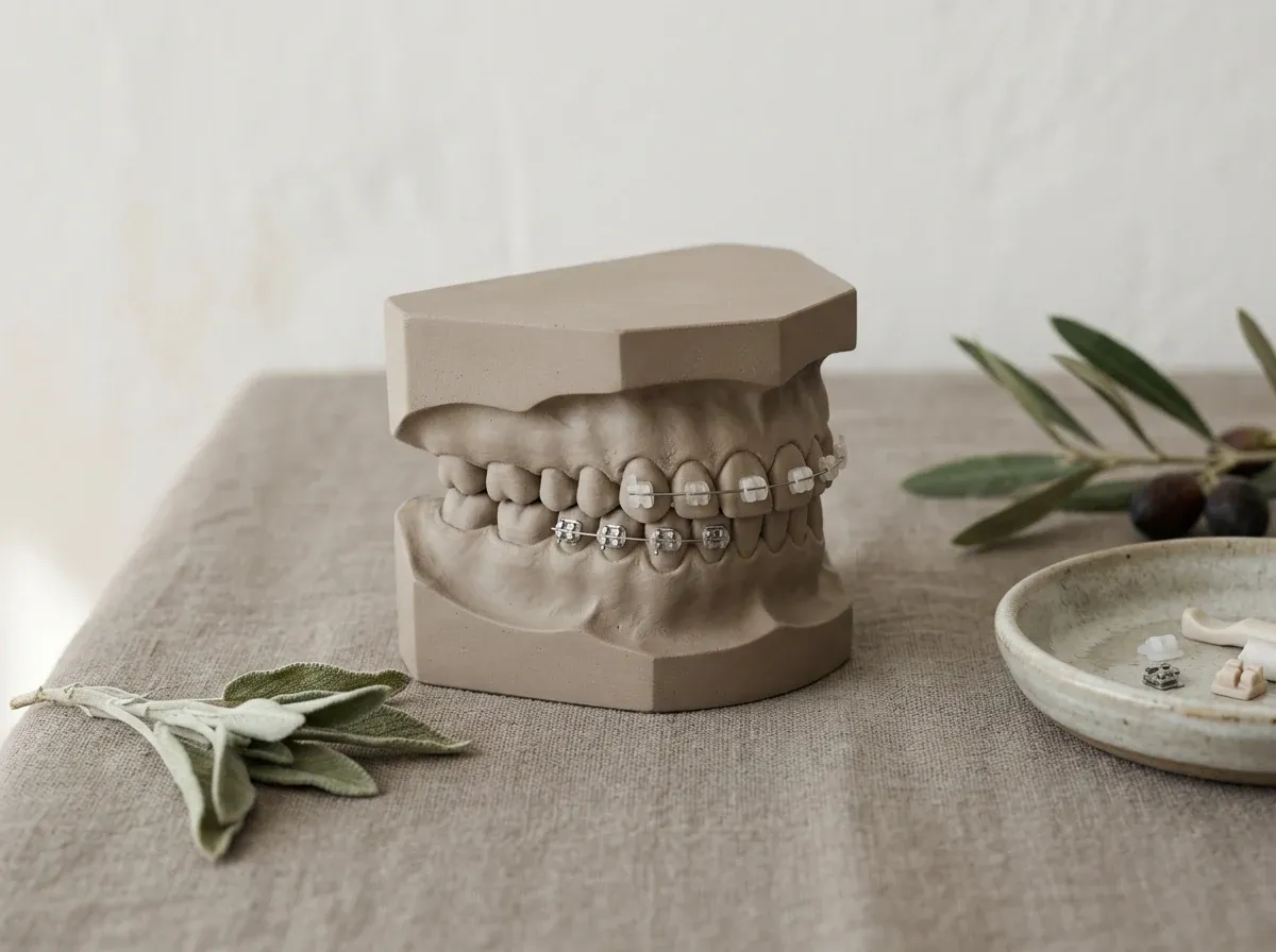 Minimal orthodontic braces materials arranged on warm neutral ceramic and linen surfaces.
